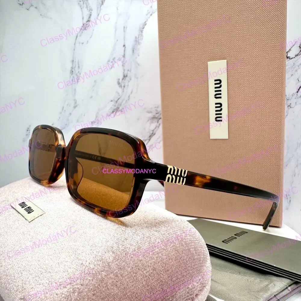 New MIU MIU Sunglasses Brown Tortoise Slim Rectangular Acetate Logo Authentic
